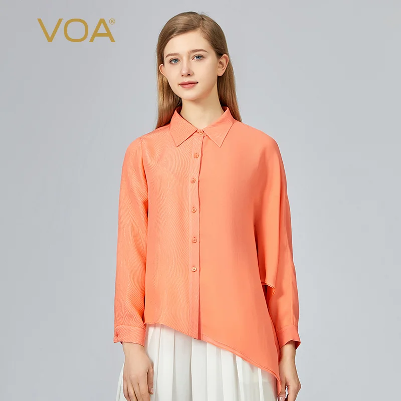 

VOA Jacquard Silk Shirt Collar Long Sleeve Single Breasted Panel Georgette Irregular Hem Loose Orange Shirt Women Tops BE1012