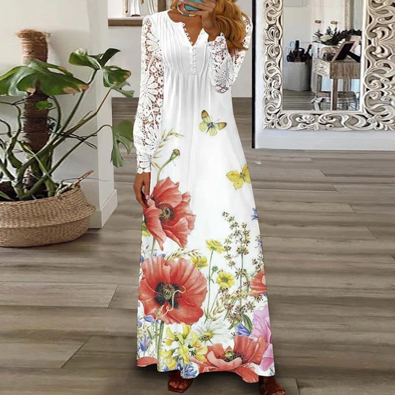 

Женское весенне-летнее платье, новинка 2023, пикантные кружевные платья с V-образным вырезом и длинными рукавами на пуговицах для женщин, модное элегантное женское платье