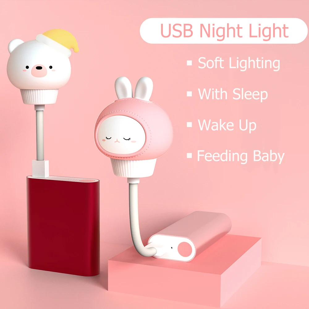 

1pc Cute Cartoon Night Light USB Plug Feeding Light Baby Bear Chicks Bedside Tabe Lamp Eye Protection Bedroom Decor Light
