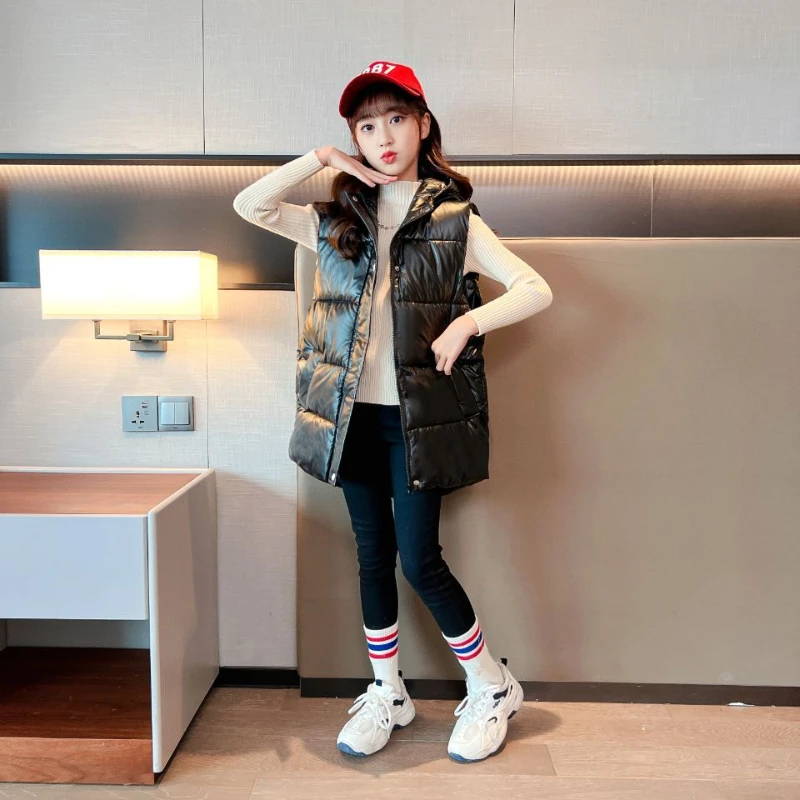 

Girls Hooded Down Cotton Long Vest New Children's Keep Warm Thickened Autumn Winter Korean Outward Wearing Cuff Top Wear A Vest