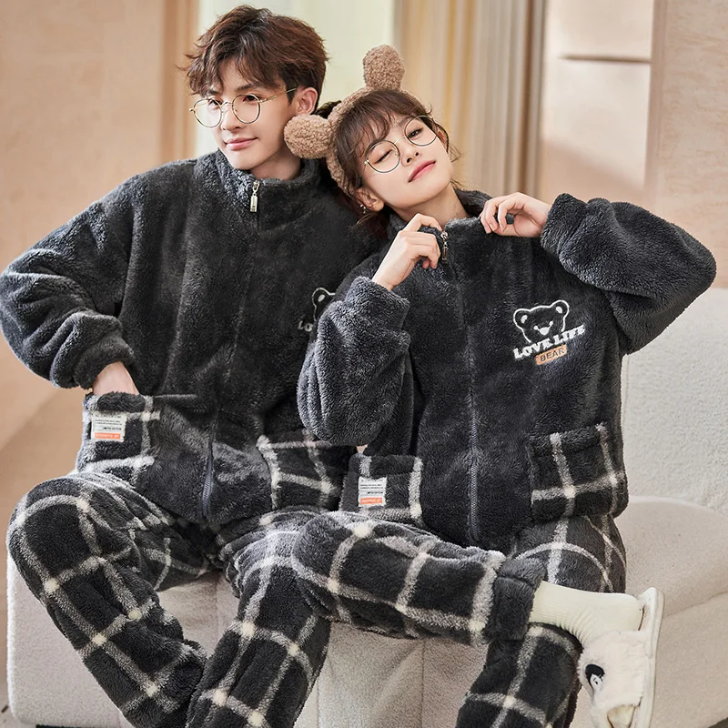 

QUHENG Winter Flannel Pajamas Women for Men Set Stitch Cartoon Pijamas Home Clothes Suits Thickening Warm Pyjama Sleepwear
