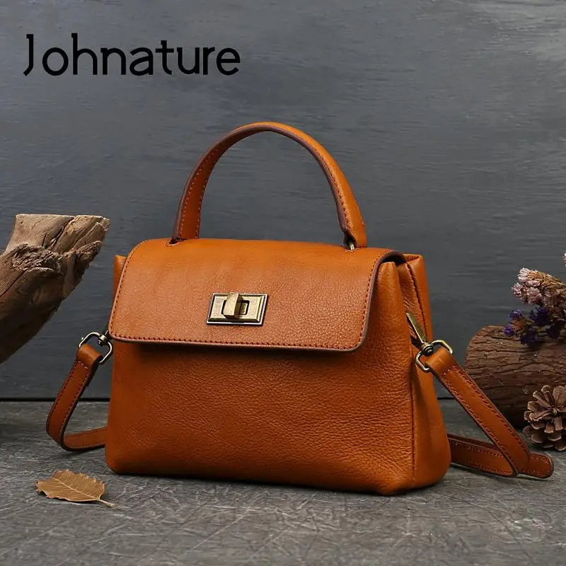 Johnature Simple Genuine Leather Women Bag 2022 New Solid Color Shoulder & Crossbody Bags Versatile Soft Cowhide Handbag