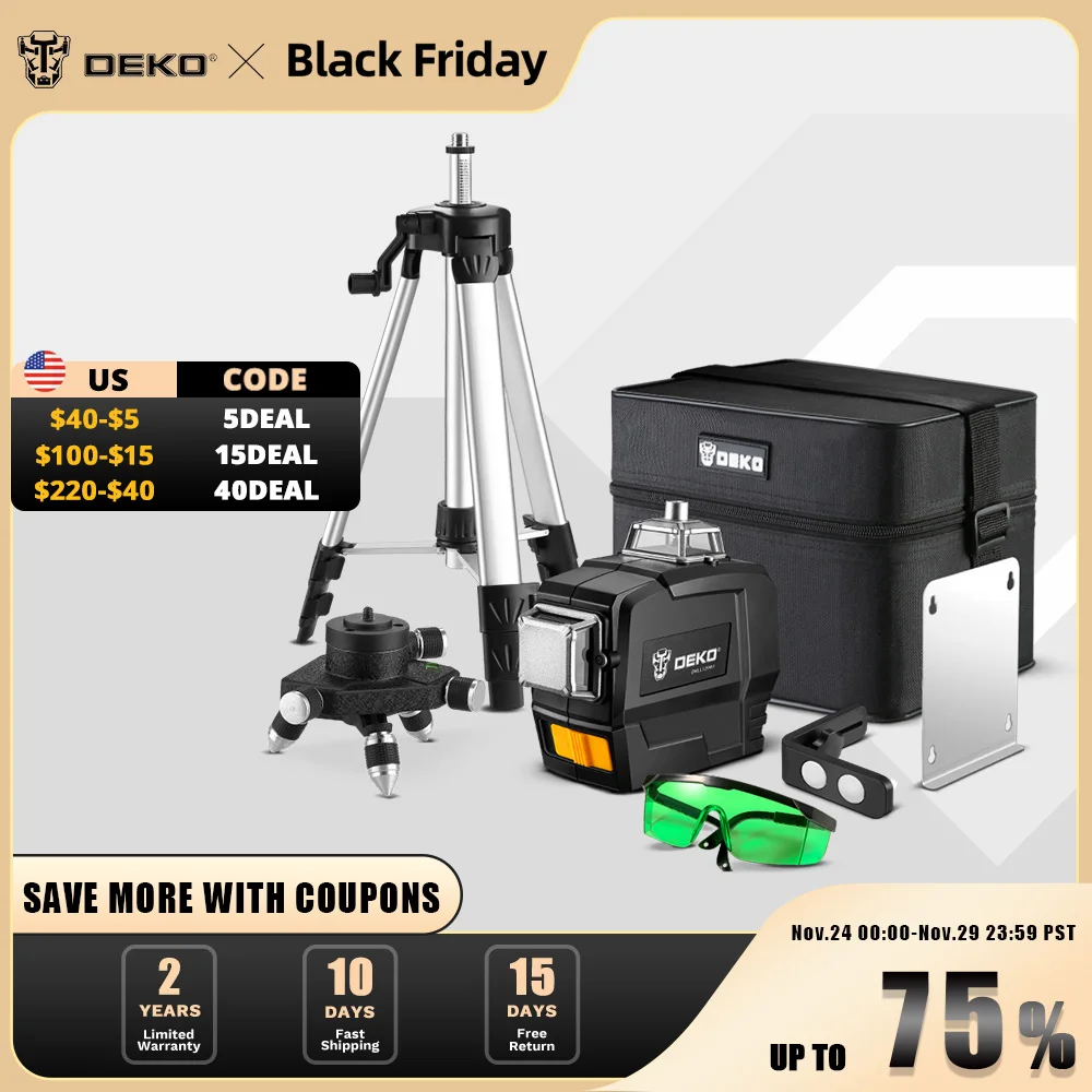 DEKO DKLL12PB Series 12 Lines Nivel Laser 360 Autonivelante Green Laser Level Horizontal Vertical Cross Lines Self-Leveling