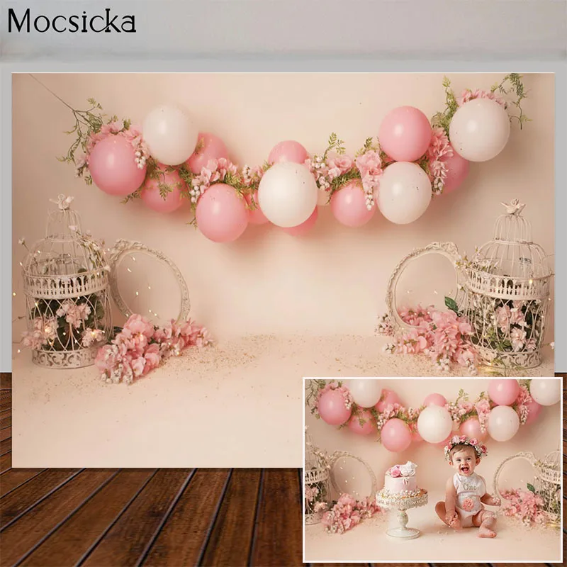 

Фон для фотосъемки новорожденных с изображением торта разбитого дня рождения девочки с цветами и розовыми воздушными шарами фон для птичье...