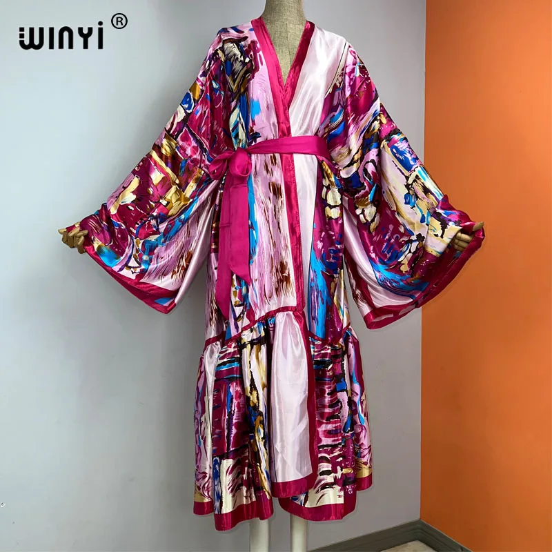 

WINYI Africa new beach Cover-ups Graffiti Fashion printing Self Belted Women Summer Clothing Kimono Dress abaya kaftan with belt