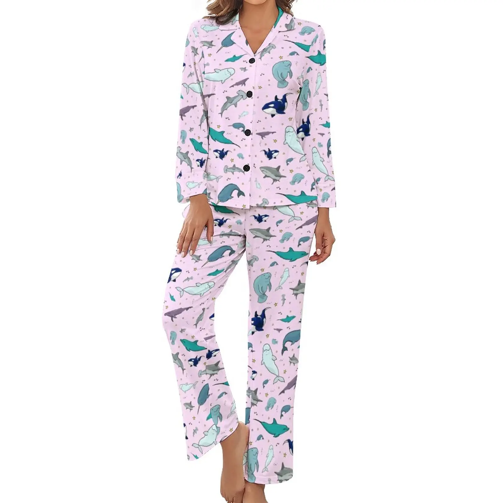 

Funky Shark Pajamas Long Sleeve Cute Ocean Life Pattern 2 Piece Night Pajama Sets Womens V Neck Kawaii Nightwear