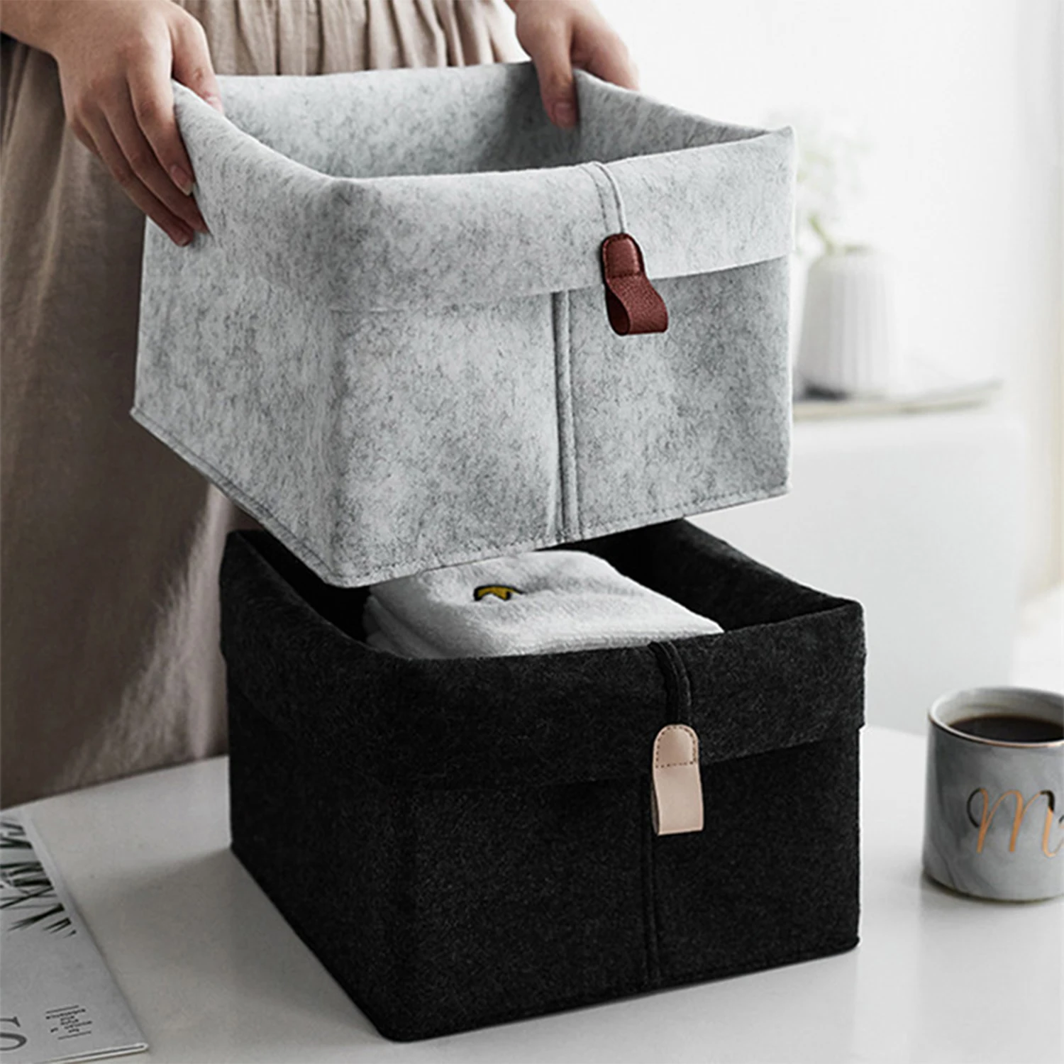 

Скандинавская войлочная корзина для хранения, 1 шт., для гостиной, чайного столика, черный, серый цвет, ткань, войлочная коробка для хранения, носки для спальни