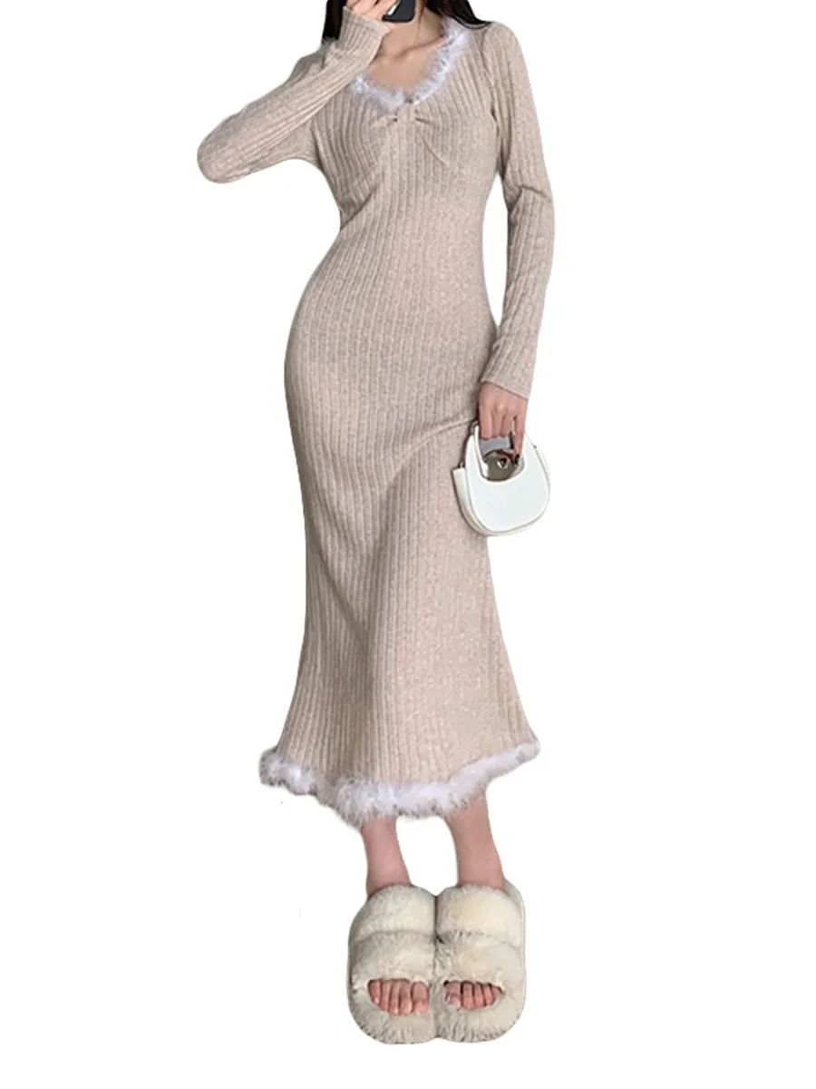 

Women Knitted Long Sleeve Bodycon Sweater Dress Elegant V Neck Plush Patchwork Long Dress Slim Streetwear