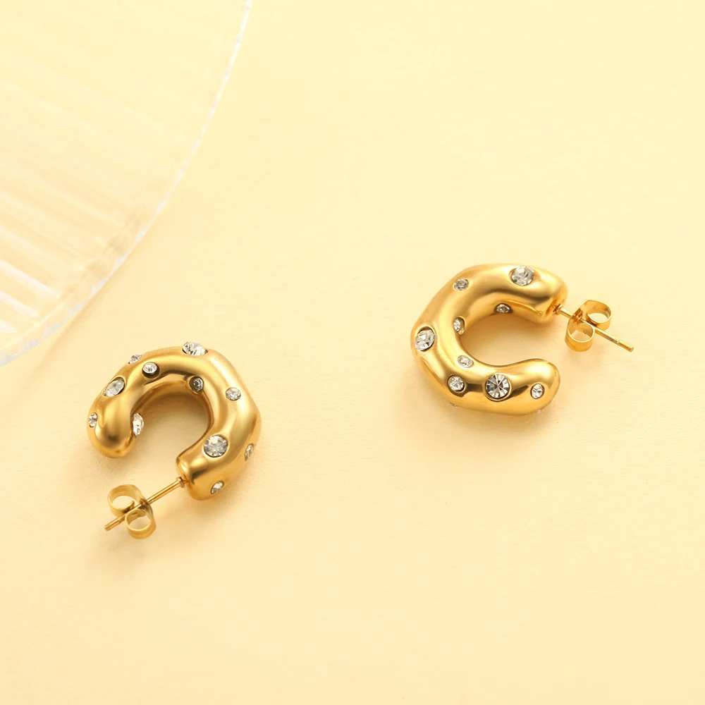Edelstahl Gold Farbe Silber Farbe Creolen für Frauen C-Form geometrische Ohrringe Inlay Zirkon neu in Koreanisch – Detail 4