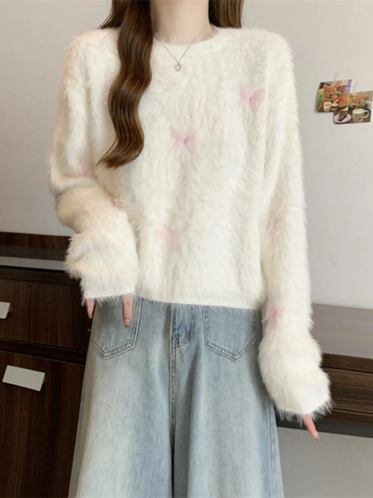 Белый норковый меховой свитер для женщин 2024 осень и зима новинка больших