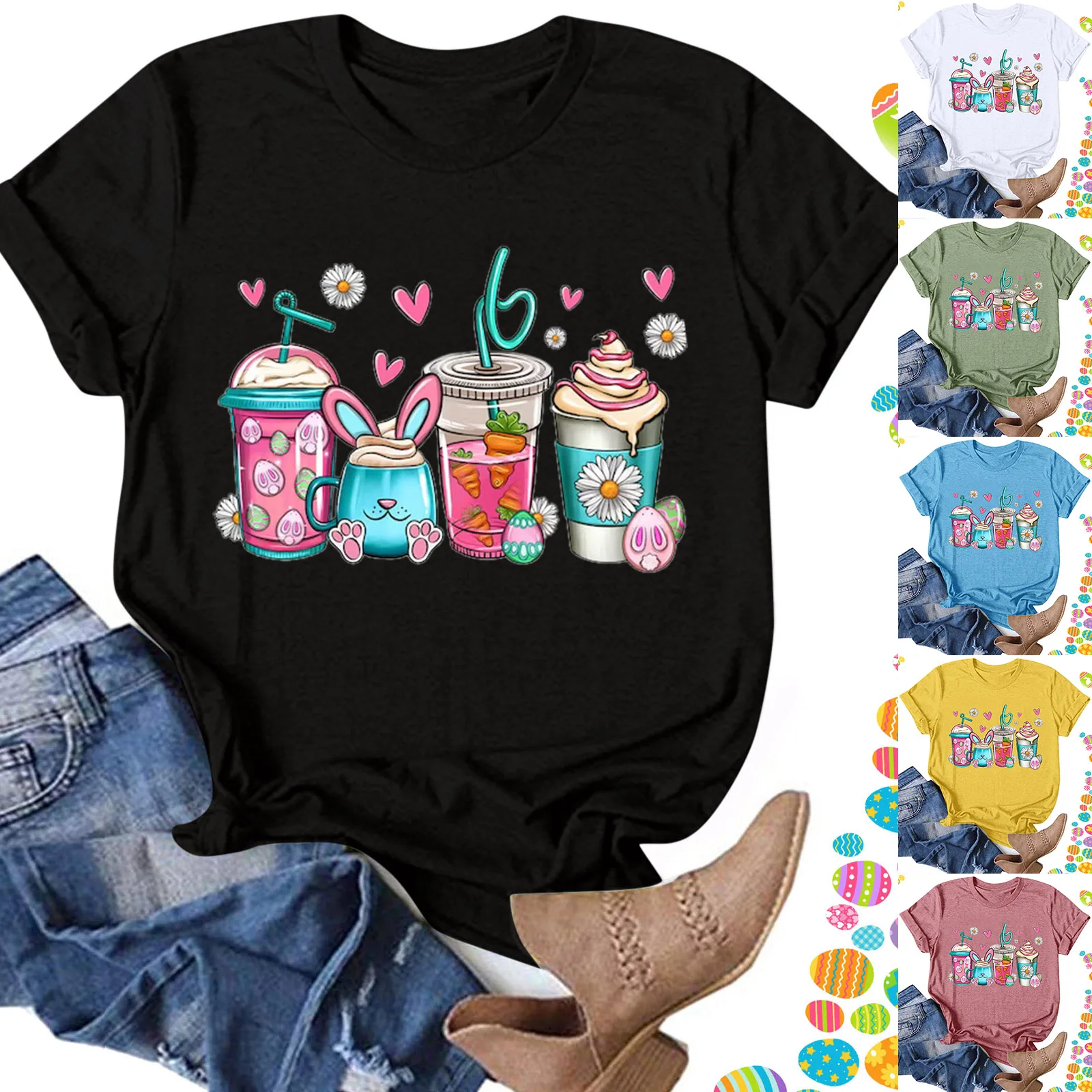 

Блузка женская хлопковая с коротким рукавом, Повседневная рубашка с принтом в стиле Пасхи, с круглым вырезом и коротким рукавом, на лето