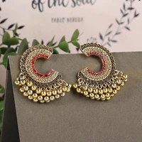 indian jewelry womens ethnic geometry red zircon bells tassel wedding earrings kolczyki retro gold color jhumka earrings