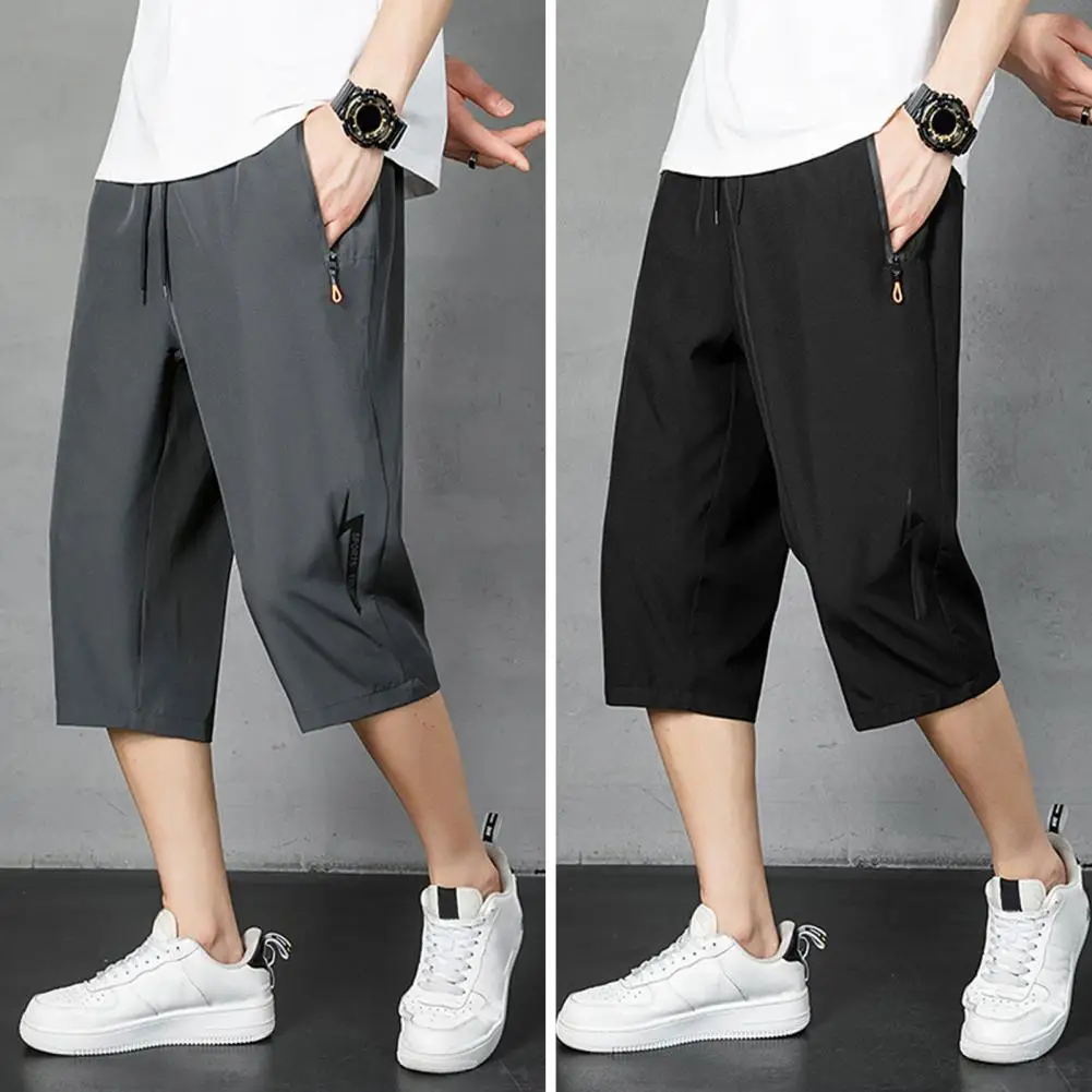 

Calf-Length Pants Cool Men Trousers Drawstring Male Summer Ice Silk Cropped Pants Daily Garment