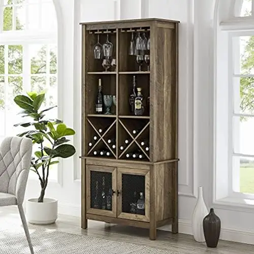 

Barnwood Bar Cabinet Bookshelf with Wire Mesh Doors