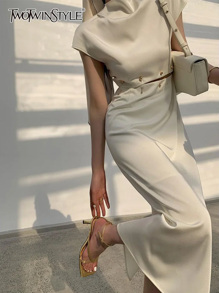

TWOTWINSTYLE Elegant White Long Dress Female Round Neck Short Sleeve High Waist Cut Out Midi Dresses For Woman Clothing Fashion