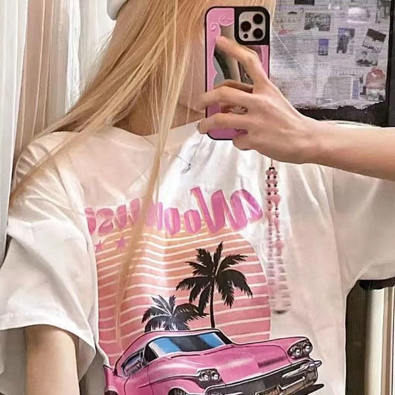 

Pink Car Fashion Retro 100% Cotton Casual Loose Oversized T-Shirt New Summer 2022 Versatile American Couple T-shirt O-Neck Tops