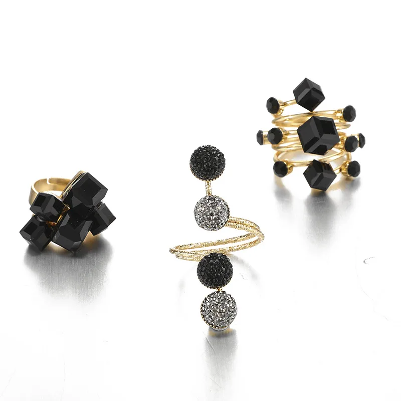 Набор колец в стиле панк с черными кристаллами и камнями для женщин мужчин