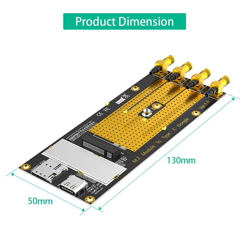 M.2 3G/4G/5G Module to Type C Riser with 2.4/5G Antenna NANO SIM Card Slot + USB3.0 Cable for RM500Q RM500U GM800 SIM8200