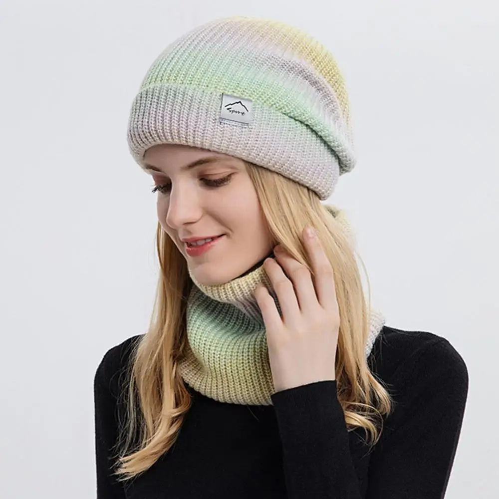 Winter Hat Women Warm Fleece Gradient Wool Hat Thickened Outdoor Ear Protection Knitted Cap Scarf Two-piece Set  Beanies Caps