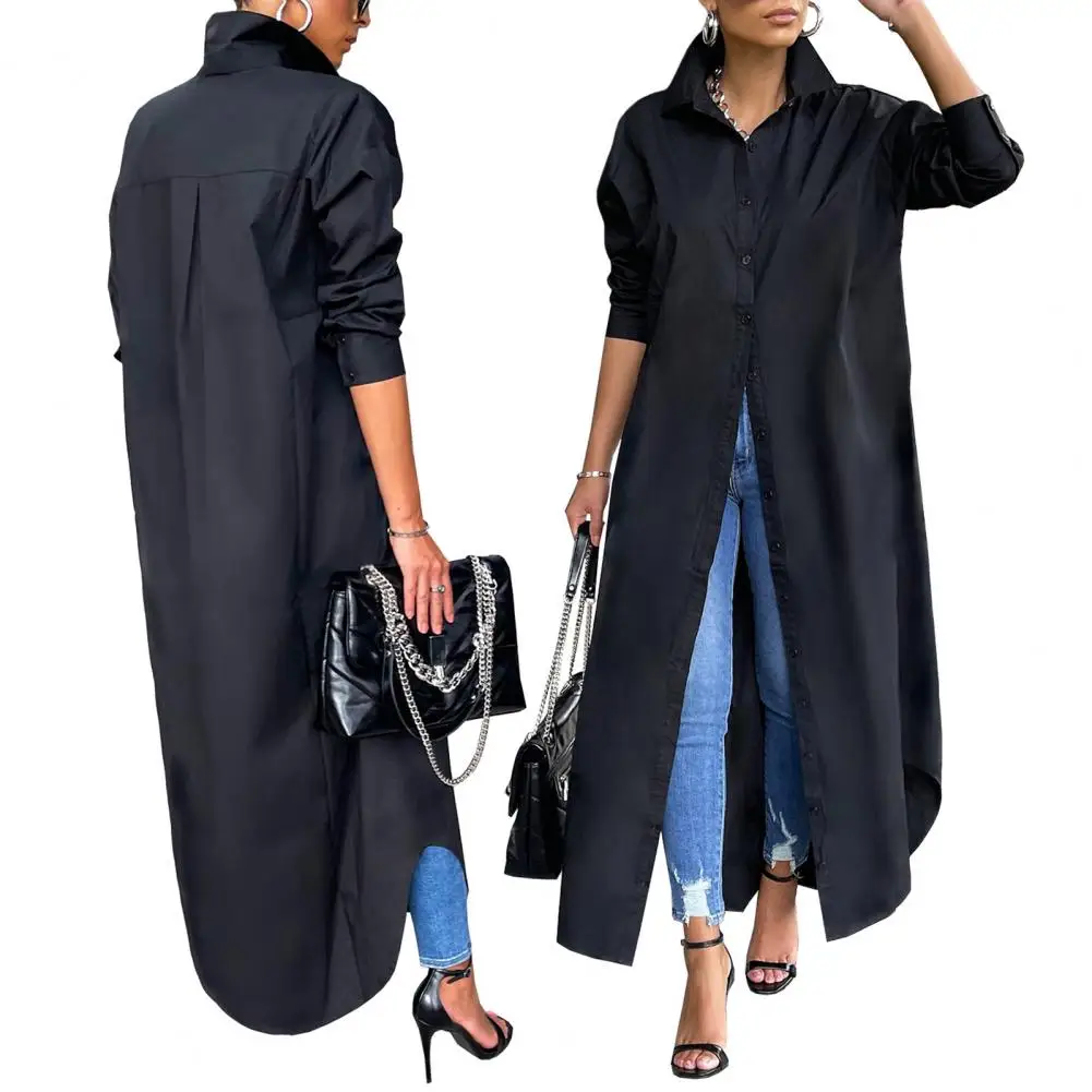 

Arc Hem Fine Sewing Crafts Pure Color Oversize Maxi Shirt Cardigan Streetwear