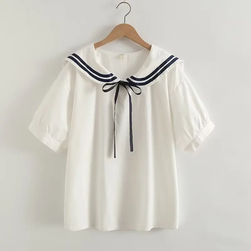 

Pure Cotton Women Summer Shirt 2023 Short Sleeve Ladies Preppy Style Mori Girl Lacing Sailor Collar Cute Baby doll White Blouses