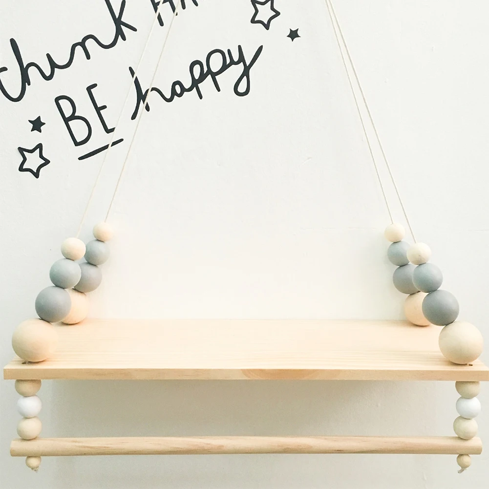 

Wall Shelf Rack Wood Clothes Nordic Style Double Deck Decorative Storage Organizer Hanging Living Room Beads Home Kids Room Gift