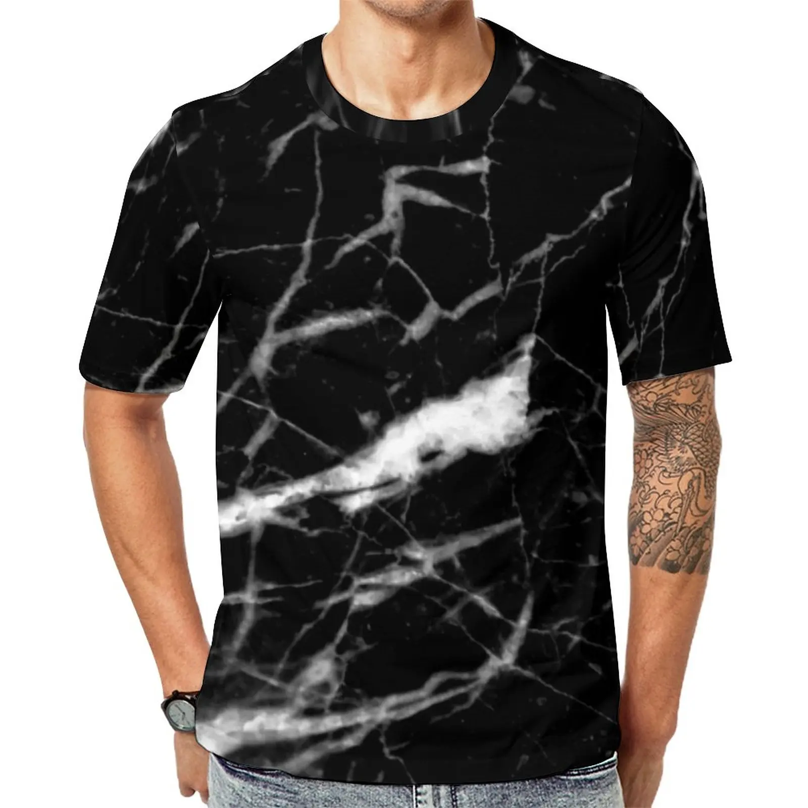 

Marble Crackle Black And White T-Shirt Natural Marbles Graphics Hippie T-Shirts Short Sleeve Graphic Tops EMO Plus Size Clothing