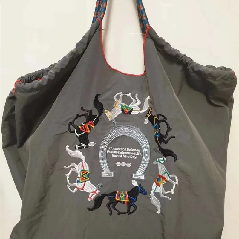 Eco Bag Designer Bags for Women Horse Embroidery Women Shoulder Bag Ball Shopper Purses Rope Handle Tote Handbag Nylon Hobos New