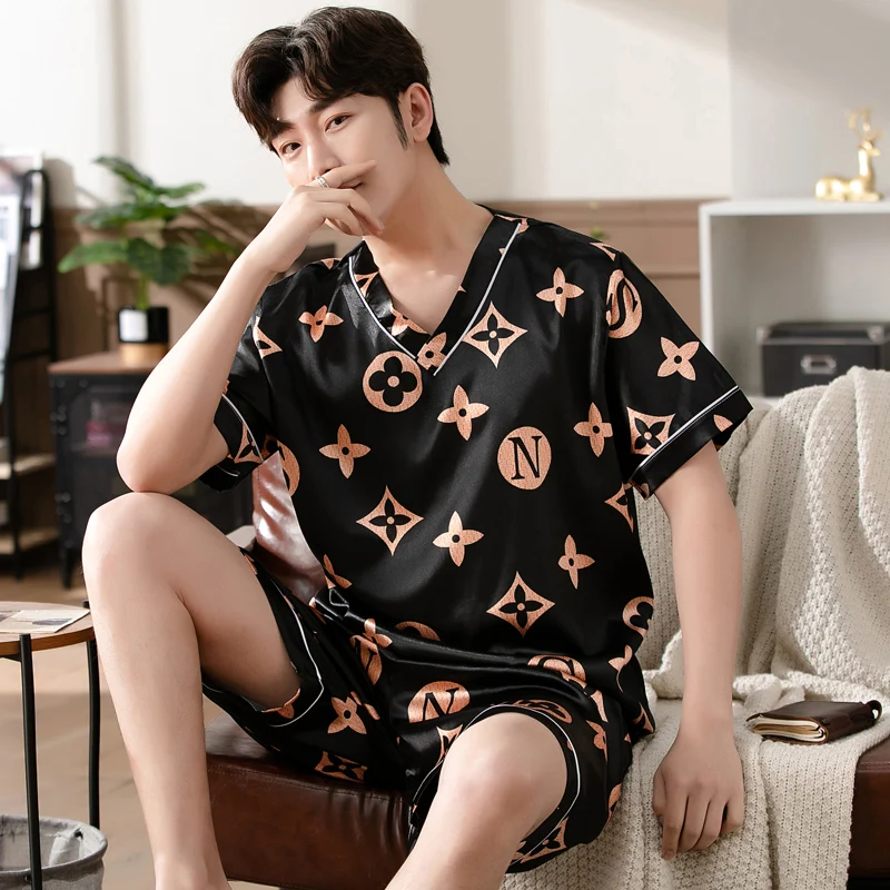 Summer Unisex Man Women Short Pajamas Sets Silk Home Clothes Sleepwear Suits