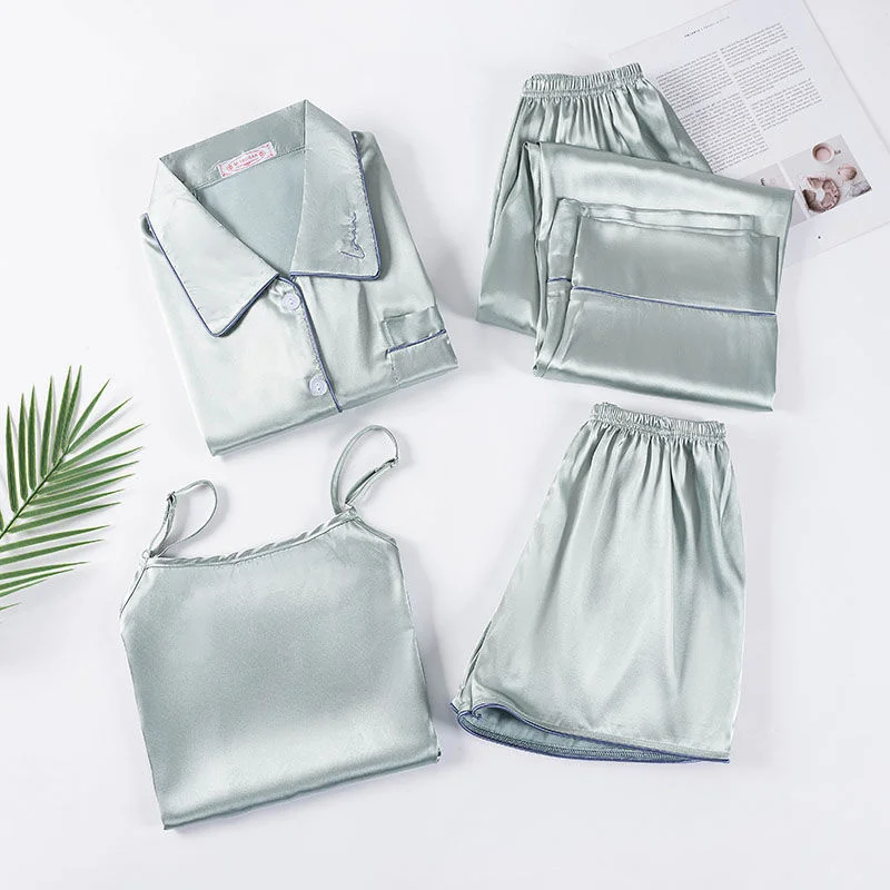 Women's Pajamas Set Full Sleeve T-shirt Long Pants 4Piece/Set Sexy Rayon Silk Pyjama Mom Homewear Cozy Plus Size Loose Sleepwear