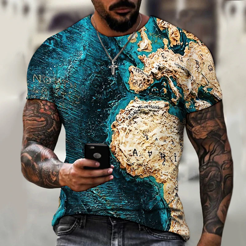 

Retro World Map Street Harajuku Hip Hop Fun Funny Summer Men's T-Shirt Short Sleeve Oversized Fashion Casual Crew Neck Top