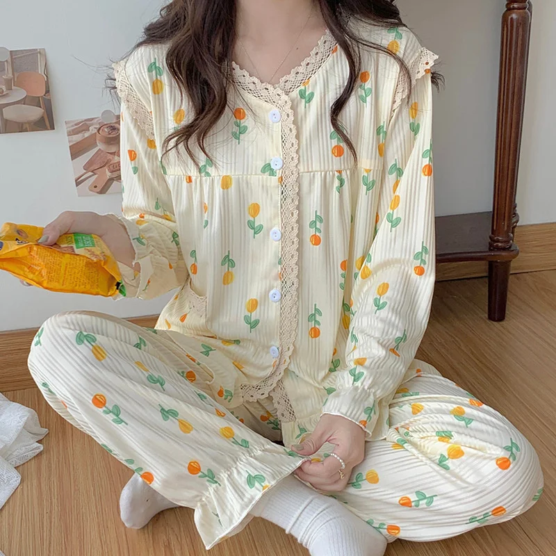 Lace Homewear Pajamas Set Women Sweet Princess Flower Print Full-Sleeve Fashion Soft Comfortable Pyjamas Clothes Big Size