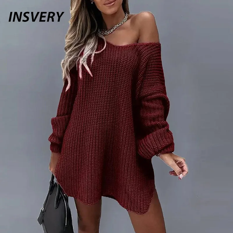

Sexy V Neck Sweater For Women Autumn Fashion Long Sleeve Mini Knitted Dress Women Off Shoulder Casual Loose Pullover