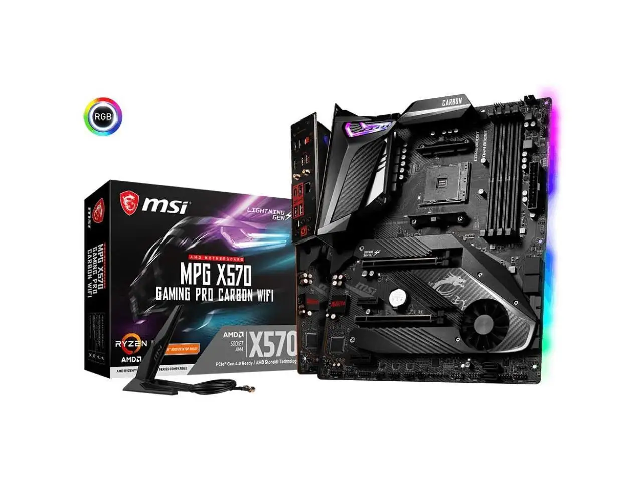 

MSI MPG X570 GAMING PRO CARBON WIFI Motherboard (AMD AM4, DDR4, PCIe 4.0, SATA 6Gb/s, M.2, USB 3.2 Gen 2, AX Wi-Fi 6, HDMI, ATX)