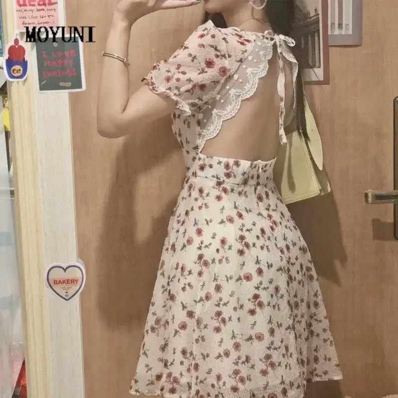 

Женское элегантное платье с цветочным принтом, дизайнерское привлекательное мини-платье со шнуровкой и открытой спиной, шикарное празднич...