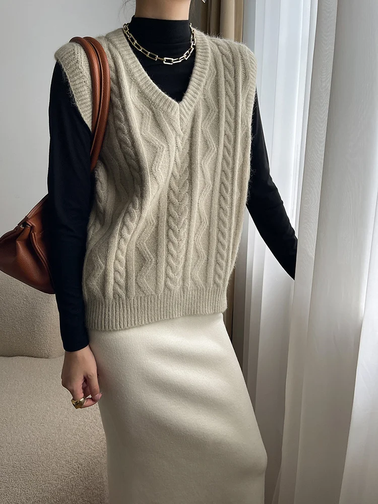 

Женский вязаный жилет свободного покроя, белый свитер без рукавов с V-образным вырезом, весна-осень 2022, C471