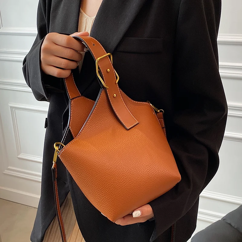 

Vintage Contrast Color Small Bucket Handbag Stylish Portable Pu Leather Casual Cross Body Bag For Women