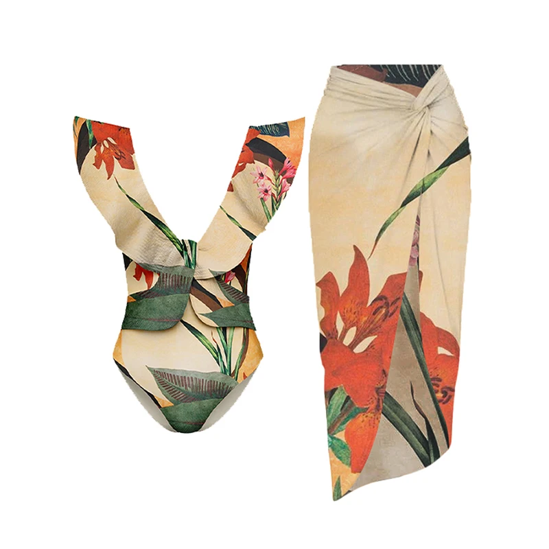 

V Neck Ruffled One-Piece Swimsuit Fashion Print Bikini Sexy Slim Summer Woman's Beach Suit 2023