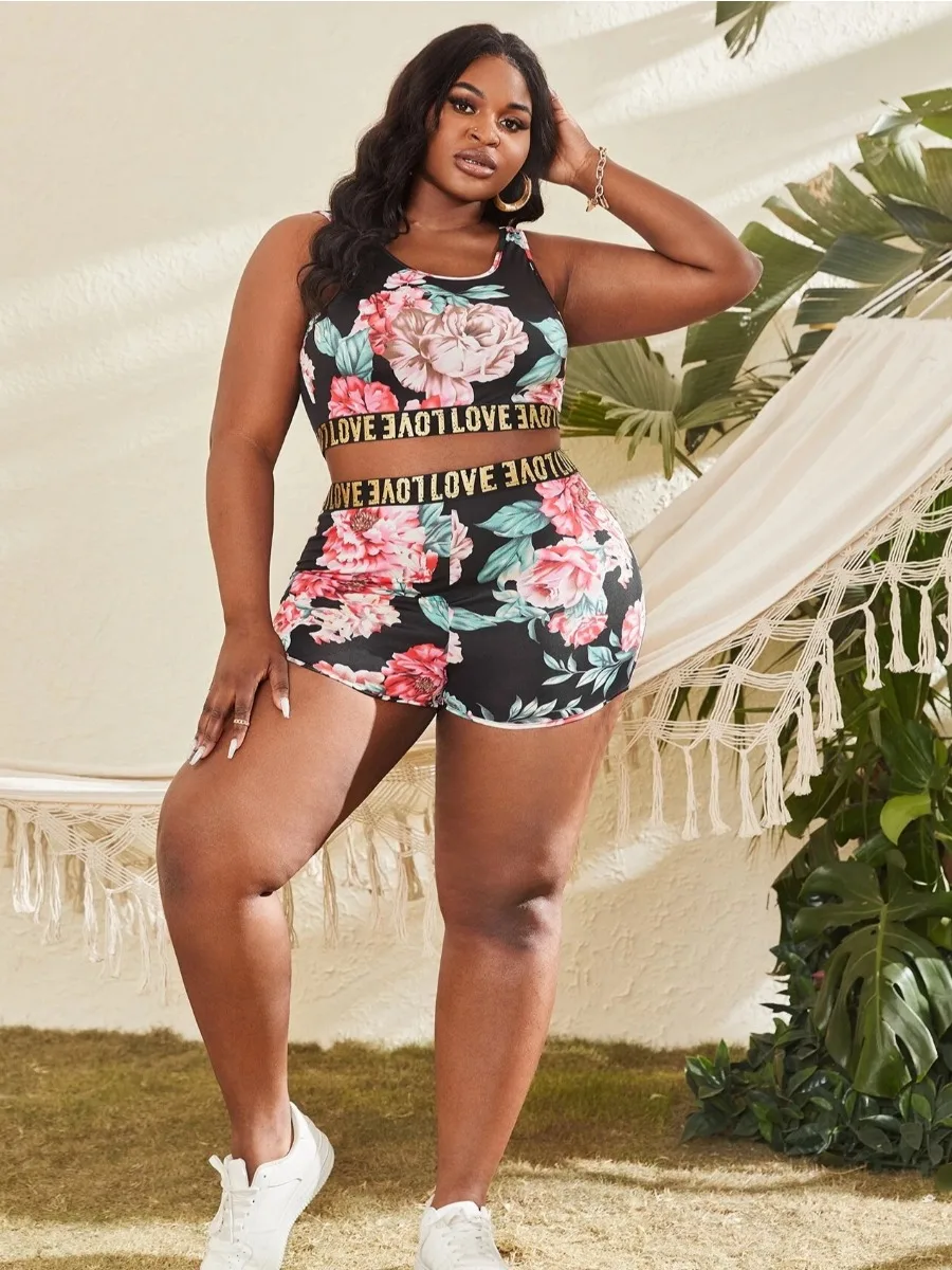 LW Plus Size summer Two pieces set Casual Women Tracksuit Crop Top Floral Letter Print Shorts Set sport Shorts Suit Two Piece Se