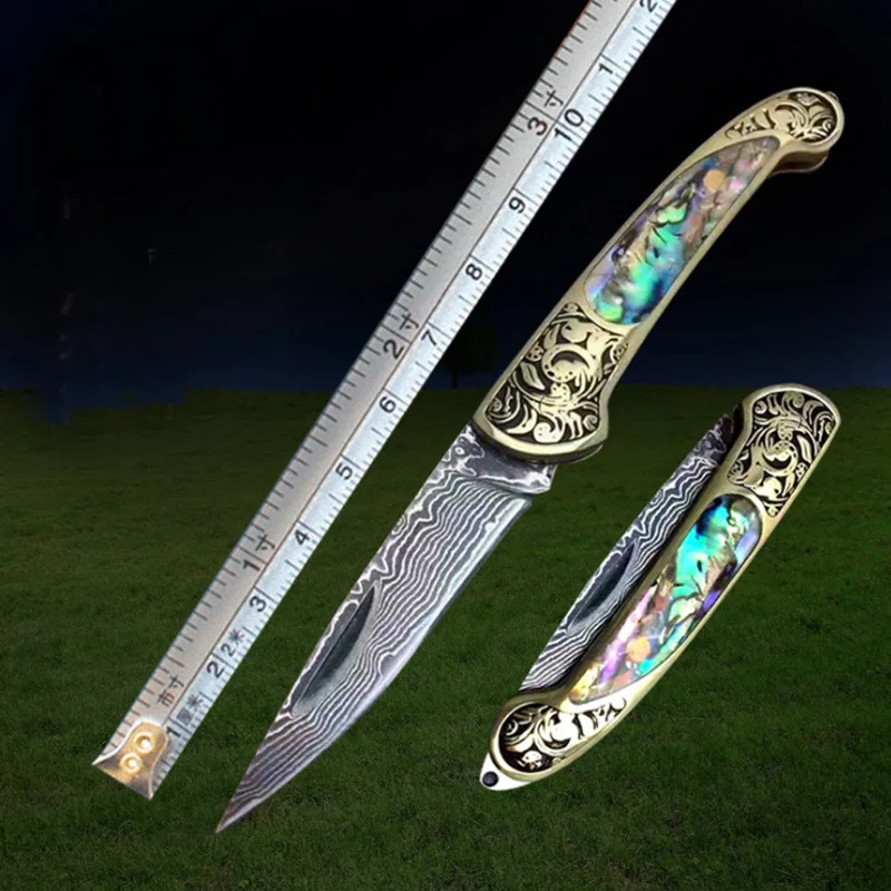 

Pocket Folding Knife With Abalone Seashells Handle Modern Damascus Steel Knife Liner Lock Utility Knife Excellent Gifts for Men