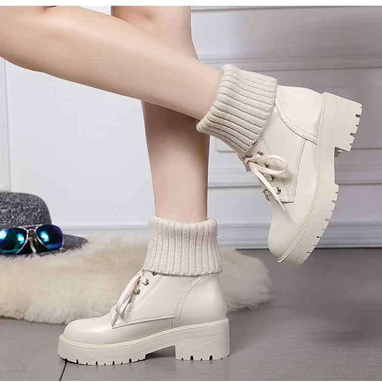 Shoes for Women Winter Fashion Knitting Velvet Ankle Boots Women Korean Lace-up Platform Botas Warm Square Button Botas De Mujer
