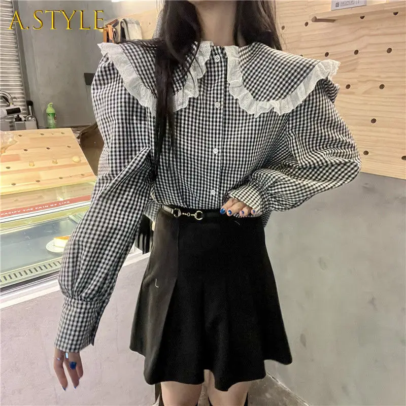 

Shirts Women All-match Ulzzang Trendy Simple Elegant Lovely Ladies Plaid Peter Pan Collar Long Sleeve Breathable Young Ins New