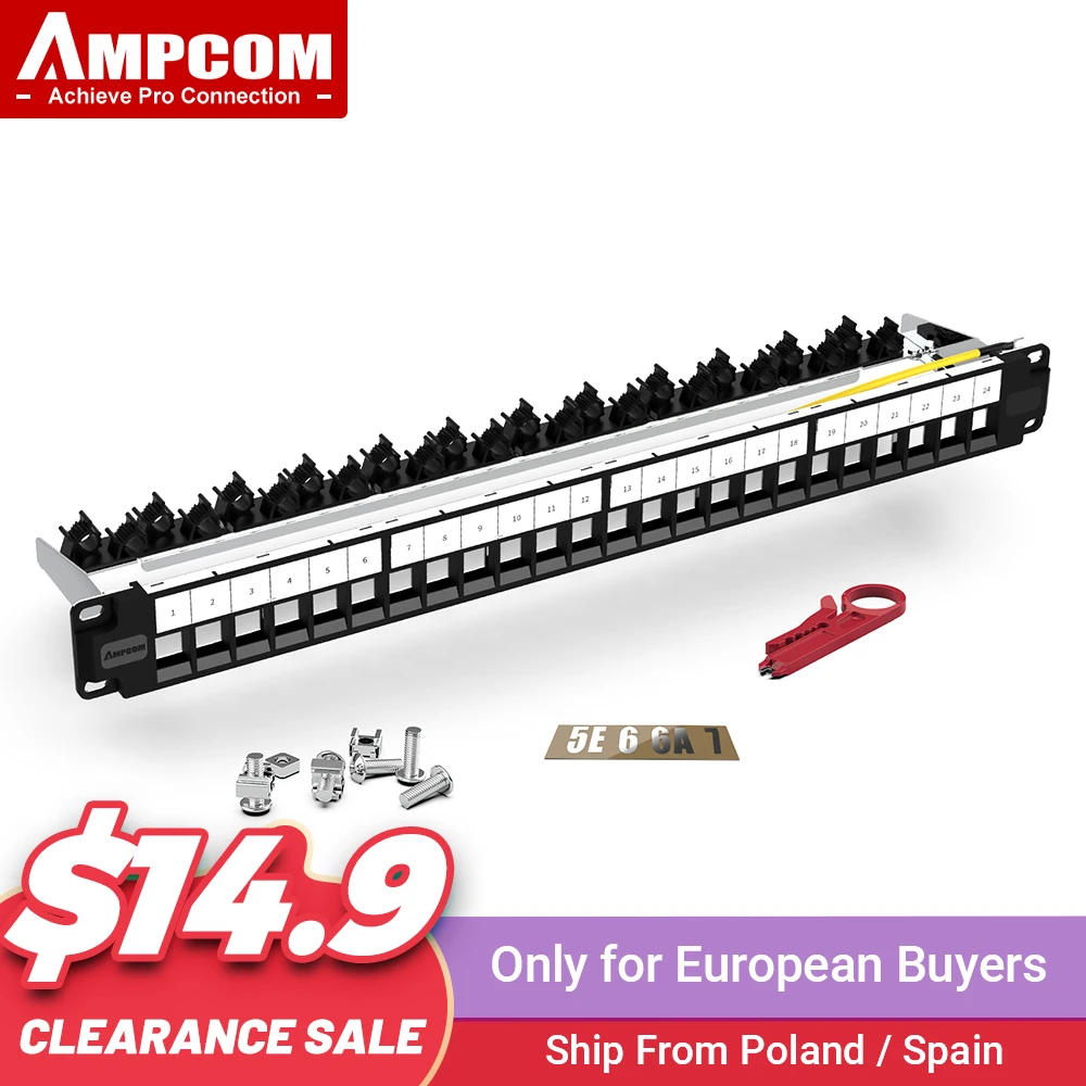 AMPCOM 24 Ports 1U Blank Keystone Patch Panel, 19 inch Rack or Wall Mount with Rear Cable Management Panel for Ethernet Cable