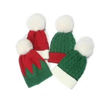 knitted hat winter hat kids green red stitching wool cap warm fur ball cold hat children christmas plush pom pom beanie hat