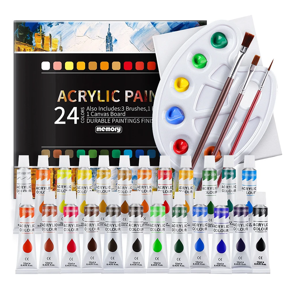 

Premium Acrylic Paint 24 Colors(12ml) Acrylic Paints Set for Fabrics Painting Clothing Pigment with 3 Brushes 1 Palette 1 Canvas