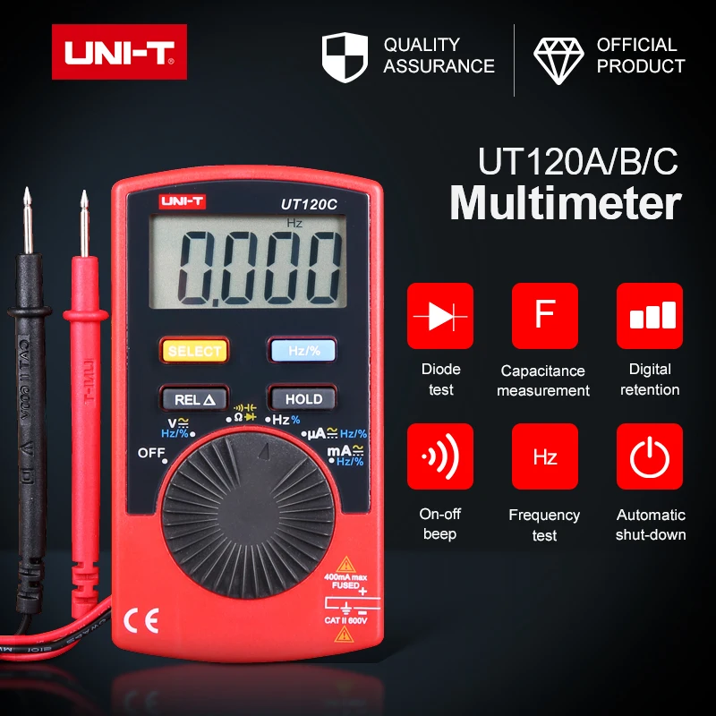 Multímetro Digital de bolsillo UNI-T UT120A UT120B UT120C, función de prueba de Corriente CA y CC, medición de relación REL, probador de rango automático