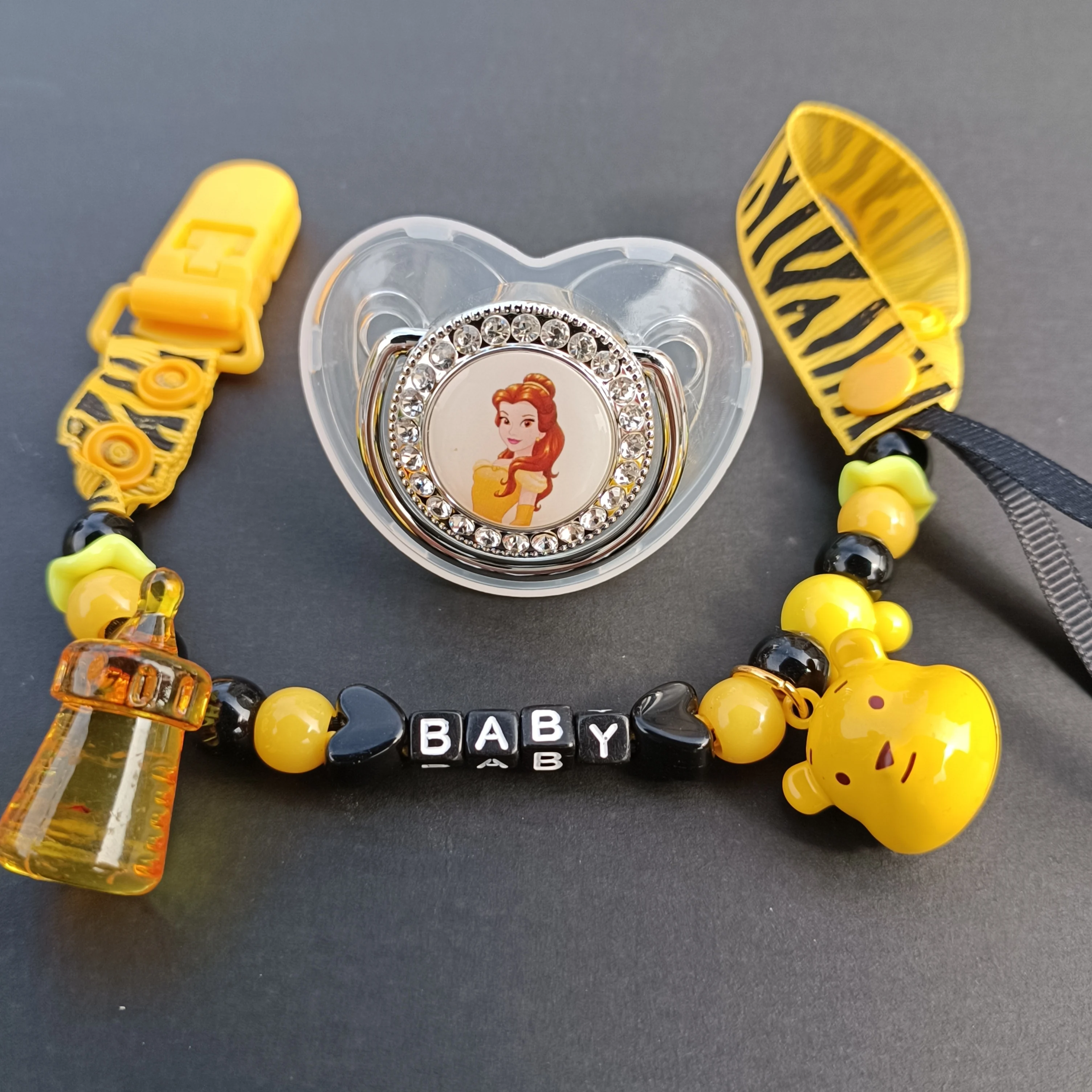 

Disney Personalized Baby Pacifier with Handmade Bead Chain Clip Newborn Silicone Pacifier Gold Glitter Baby Pacifier baby stuff