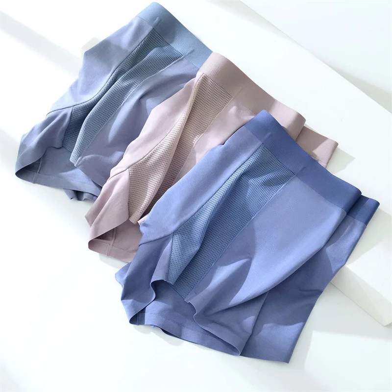 3 Pack Men's Four Seasons Boxer Shorts Modal Antibacterial Underwear, Men's Breathable Mesh Ice Silk Seamless High Quality Under