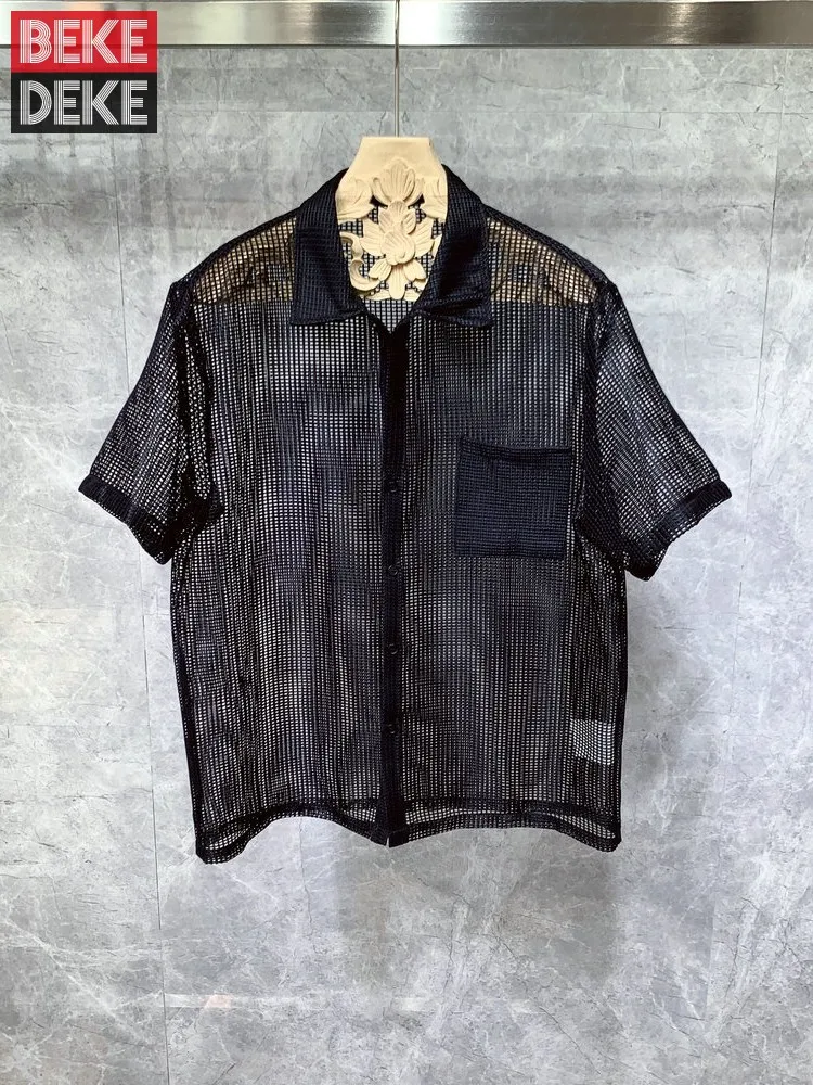 

Summer Short Sleeve Hollow Out T Shirts Men High Street Square Collar Thin White Tops Leisure Solid Color Loose T Shirts M-XL