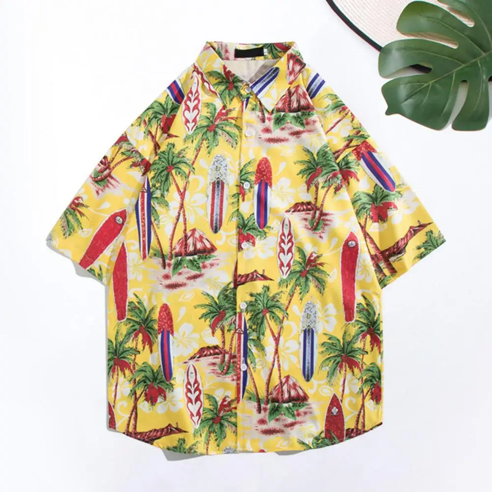 

Men Shirt Lapel Short Sleeve Buttons Placket Summer Shirt Men Coconut Tree Print Loose Hawaiian Shirt Streetwear Men's Clothing